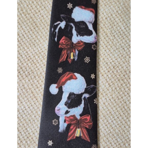 Ralph Marlin Vintage 1992 Novelty Tie Christmas Design Santa Hat Cows Black - Picture 4 of 6